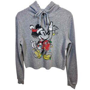 Disney Mickey Mouse Holiday Hoodie Gray Cropped Long Sleeve Womens Small